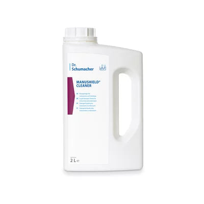 Ein weißer 2-Liter-Kunststoffbehälter von Dr. Schumacher MANUSHIELD® CLEANER by Dr. Schumacher GmbH mit Griff und Schraubverschluss; das blau-lila Etikett hebt die hygienische Sauberkeit und effektive Keimbekämpfung hervor.