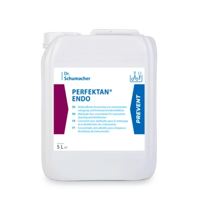 5 litran valkoinen muovisäiliö Dr. Schumacher PERFEKTAN® ENDO Dr. Schumacher GmbH:lta, jota käytetään endoskooppien desinfiointiaineena ja puhdistusaineena lääketieteellisten instrumenttien valmistuksessa.