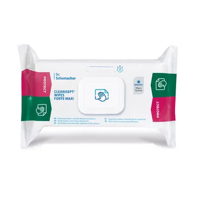 Pakkaus Dr. Schumacher Cleanisept® Wipes Forte Max -pyyhkeitä (100 kpl) Dr. Schumacher GmbH:lta, jossa on uudelleensuljettava kansi ja vihreä-vaaleanpunaiset aksentit, tarjoaa viruksentorjuntaa ilman alkoholia valkoisessa pakkauksessa, jossa on merkki- ja tuoteselosteet.