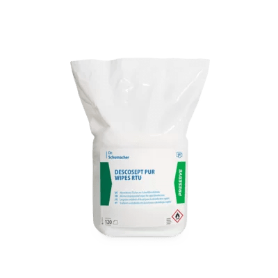 Valkoinen muovipussi, jossa on teksti "Dr. Schumacher DESCOSEPT PUR WIPES RTU | Jakelija (120 liinaa)" Dr. Schumacher GmbH:ltä, on varustettu sinisellä ja vihreällä tekstillä, kemiallisella vaarasymbolilla ja repäisyaukolla - ihanteellinen lääketieteellisten laitteiden desinfiointiin.