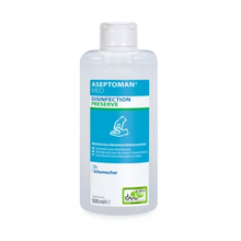 Klare 500-ml-Kunststoffflasche mit weißem Flip-Top-Verschluss und der Aufschrift "Dr. Schumacher Aseptoman® med Händedesinfektion" der Dr. Schumacher GmbH; das blau-weiße Etikett hebt die hautfreundliche alkoholische Händedesinfektionsformel hervor.