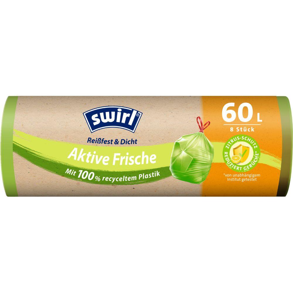 Eine Rolle Swirl Aktive Frische Müllbeutel 60 l Reißfest & Dicht von Melitta Europa (8 Beutel), in braun-grüner Verpackung mit Produktinfo und Zitrusduft-Symbol, aus 100 % Recycling-Kunststoff.