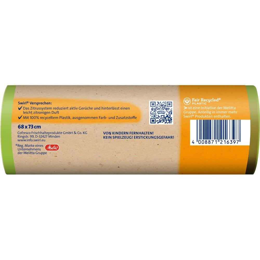 Kuva näyttää pakkauksen Swirl Aktiivinen Raikkaus Roskapussi 60 l Repeytymätön & Tiivis (8 pussia) Melitta Europa GmbH & Co. KG:ltä, jossa on tuotetiedot, viivakoodi, turvallisuusohjeet ja lausunto „100 % kierrätetty muovi“ ruskeassa etiketissä vihreillä korostuksilla.