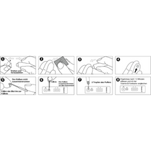 Eine Schritt-für-Schritt-Anleitung zur Verwendung eines AllTest Vitamin-D-Testkits Rapid Schnelltest | 1 Stück von Alltest. Die Schritte umfassen das Abdrehen einer Kappe, das Platzieren eines quadratischen Gegenstands auf einem Finger, das Drücken eines Fingers, das Aufbringen einiger Tropfen Lösung auf den Teststreifen und das Warten auf die Ergebnisse zum Vergleichen.