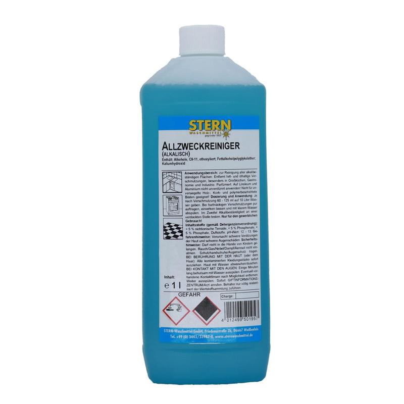 Eine 1l-Flasche STERN Allzweckreiniger A der Stern Waschmittel GmbH mit ausführlichem deutschem Etikett mit Sicherheitshinweisen und Gefahrensymbolen - ideal für die effektive Reinigung im ganzen Haus.