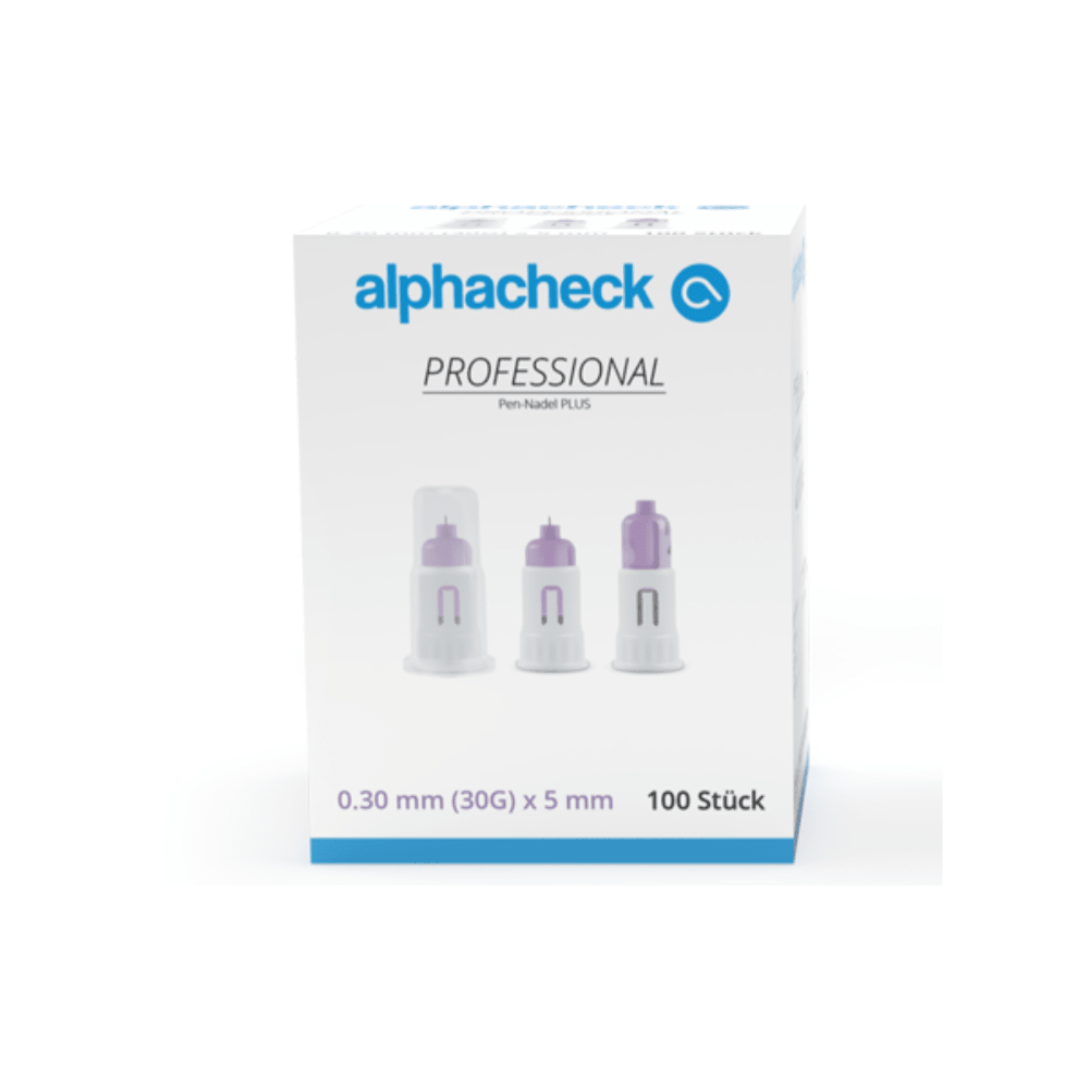 Laatikko Alphacheck Professional Pen-neuloja PLUS, eri kokoja, insuliinipistoksia varten. Laatikossa on kuva steriileistä neuloista ja niiden mitat: 0,30 mm (30G) x 5 mm. Pakkaus sisältää 100 kappaletta, valmistaja Berger Med GmbH.