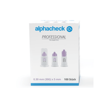 Laatikko Alphacheck Professional Pen-neuloja PLUS, eri kokoja, insuliinipistoksia varten. Laatikossa on kuva steriileistä neuloista ja niiden mitat: 0,30 mm (30G) x 5 mm. Pakkaus sisältää 100 kappaletta, valmistaja Berger Med GmbH.