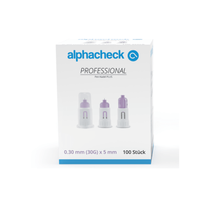 Laatikko Alphacheck Professional Pen-neuloja PLUS, eri kokoja, insuliinipistoksia varten. Laatikossa on kuva steriileistä neuloista ja niiden mitat: 0,30 mm (30G) x 5 mm. Pakkaus sisältää 100 kappaletta, valmistaja Berger Med GmbH.