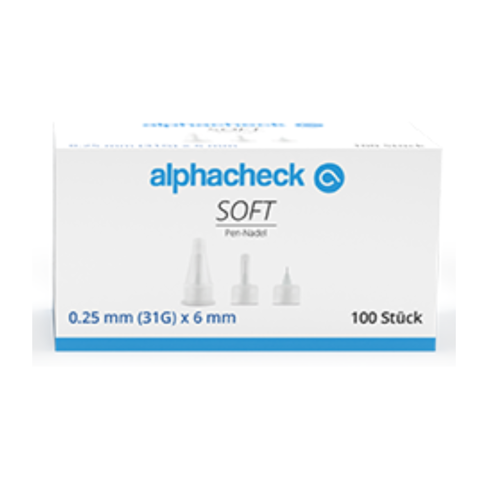 Valkoinen laatikko, jossa on sinistä ja harmaata tekstiä ja teksti ”Alphacheck soft Pen-Nadeln, verschiedene Größen, 100 Stück/Packung” ja ”0,25 mm (31G) x 6 mm”. Laatikossa on kuvia eri kokoisista kynäneuloista insuliinipistokseen, ja oikeassa alakulmassa lukee ”100 Stück”. Näytetty tuotemerkki on Berger Med GmbH.