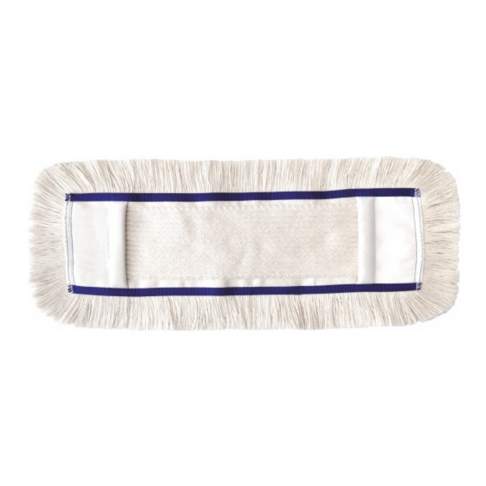 Arcora International GmbH:n Arcora First Mopp Blau on suorakaiteen muotoinen moppipää, jossa on valkoiset hapsureunat, kangaskeskusta ja ohut sininen reuna, täydellinen erilaisten lattiamateriaalien ylläpitosiivoukseen. Kuvattu valkoisella taustalla.