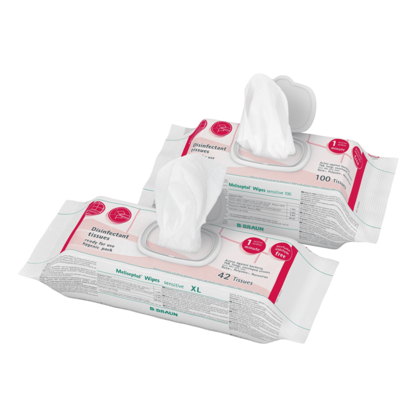 Kaksi pakkausta B. Braun Meliseptol® Wipes sensitive desinfiointiliinaa on esillä. Ensimmäinen pakkaus, jonka tarjoaa B. Braun Deutschland GmbH & Co. KG, sisältää 100 liinaa ja toinen pakkaus, merkitty XL, sisältää 42 liinaa. Molemmat pakkaukset ovat valkoisia ja niissä on tekstiä ja logoja. Täydellinen pikaiseen desinfiointiin, jokaisessa pakkauksessa on osittain ulos vedetty liina helppoa käyttöä varten.