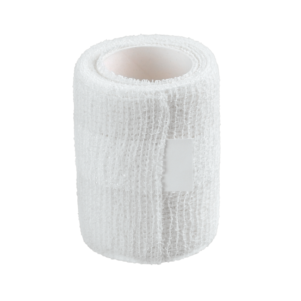 Yksi rulla B. Braun Askina® kohesiivista kiinnityssidettä, lateksiton lääketieteellinen side, joka tunnetaan erinomaisesta ihoystävällisyydestään, B. Braun Deutschland GmbH & Co. KG:ltä, seisoo pystyasennossa yksinkertaisella valkoisella taustalla. Rakenteellisessa siteessä on pieni liima-alue, joka on näkyvissä lähellä 6 cm x 20 m kokoisen rullan keskiosaa.