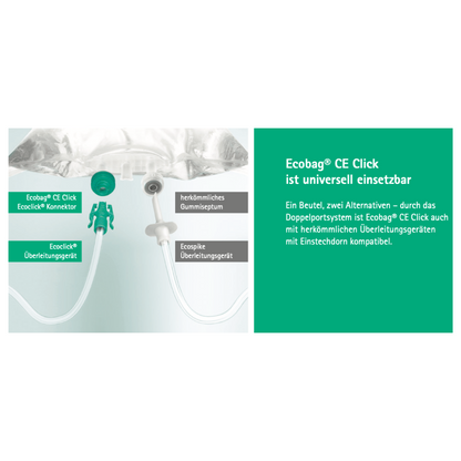 Kuva näyttää lääketieteellisen laitekokoonpanon, jossa on pussi, joka on yhdistetty letkuihin. Vasemmalla puolella on liitännät, joissa on merkinnät „B. Braun Ecobag® CE Click“ ja „Ecospike“. Oikealla puolella on saksankielinen teksti laitteen yhteensopivuudesta B. Braun Ecobag® CE Click NaCl 0,9% huuhteluliuoksen kanssa ja sen yleiskäyttöisyydestä eri tuotteiden kanssa B. Braun Deutschland GmbH & Co. KG:ltä.