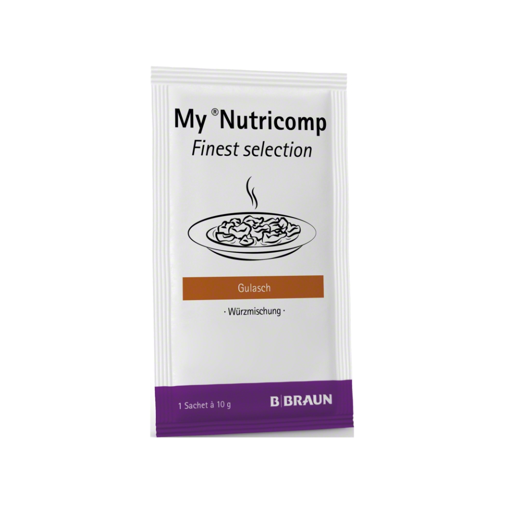 Pussi B. Braun My Nutricomp Finest Selection mausteseos "Gulasch - Mausteseos" B. Braun Deutschland GmbH & Co. KG:llä on pääasiassa valkoinen pakkaus mustalla tekstillä ja höyryävän kulhon kuva, joka muistuttaa Alfons Schuhbeckin kulinaarisista luomuksista.