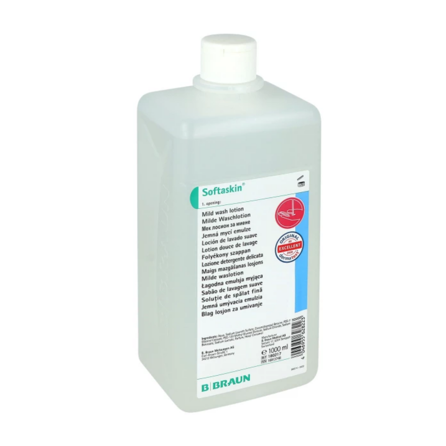 Suorakaiteinen, ympäristöystävällinen valkoinen pullo B. Braun Softaskin® pesuneste B. Braun Deutschland GmbH & Co. KG:ltä näyttää etiketissä monikielistä tekstiä ja siinä on kierrekorkki. Se sisältää 1000 ml mietoa pesunestettä ja korostaa siten sitoutumistaan mikromuovittomiin tuotteisiin ympäristötietoista valintaa varten.