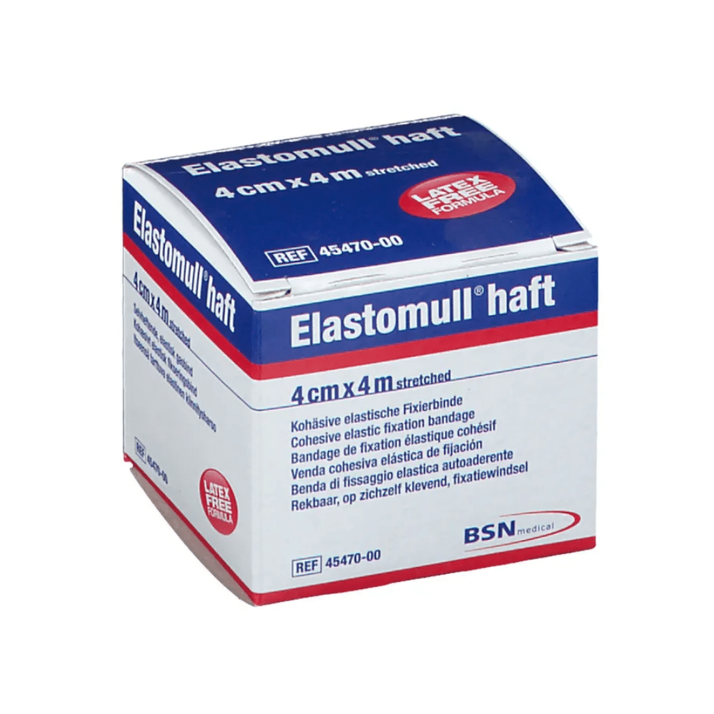 Laatikko BSN Elastomull® haft, lateksiton polymeerinen joustava kiinnitysside. Pakkaus on valkoinen sinisellä ja punaisella tekstillä, koko on ilmoitettu venytettynä 4 cm x 4 m, etiketti BSN Medical GmbH:lta.