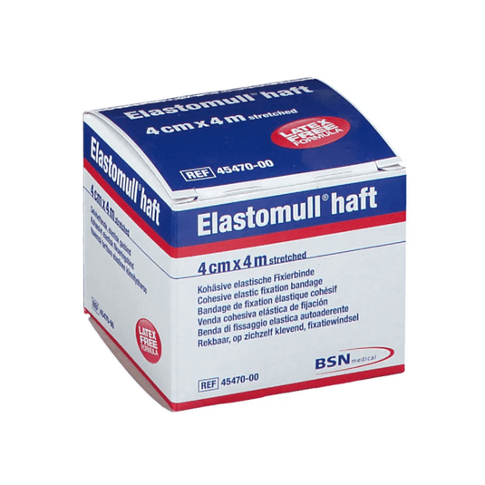 Yksi pakkaus BSN Elastomull® haft -tuotetta, joustavaa kiinnityssidettä, jossa on lateksitonta polymeeriä. Pakkaus on valkoinen, ja siinä on sinistä ja punaista tekstiä. Koko on ilmoitettu venytettynä 4 cm x 4 m, ja etiketti on BSN Medical GmbH:n.