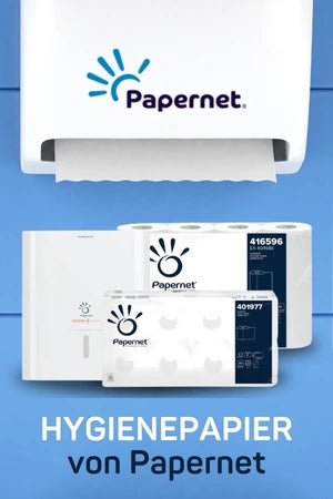 Papierhandtuchspender von Papernet mit einem Papierblatt, das aus dem Spender herausgezogen wird. Im Vordergrund sind verschiedene Hygieneprodukte von Papernet, einschließlich Kartons mit Papierrollen und einem weiteren Spender. Darunter steht der Text 'HYGIENEPAPIER von Papernet'.