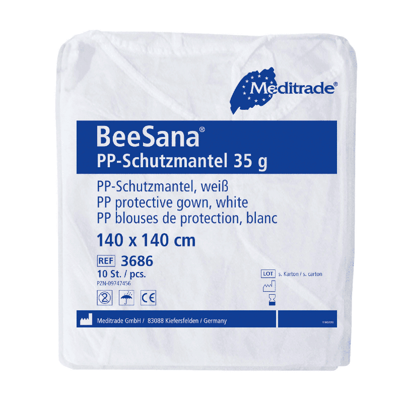 Pakkaus Meditrade BeeSana® PP-suojatakkille 35g, valkoinen suojatakki sairaalakäyttöön Meditrade GmbH:lta. Pakkauksen mitat ovat 140 x 140 cm ja se on ihanteellinen kertakäyttöön. Se sisältää yhteensä 100 kappaletta per pakkaus.