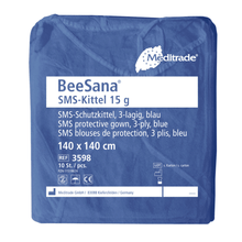 Pakkaus, jossa on 100 Meditrade BeeSana® SMS-takkia 15g (poistuva tuote) Meditrade GmbH:lta, kertakäyttöön. Tuotetiedot saksaksi, englanniksi ja ranskaksi.