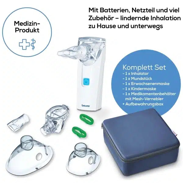 Beurer Inhalator To Go IH 5, Beurer GmbH:n tuote, on varustettu edistyneellä värähtelevällä kalvoteknologialla ja siihen kuuluu tärkeää lisävarustusta kuten suukappale, maskit aikuisille ja lapsille, lääkekontti ja verkko. Siinä on itsepuhdistustoiminto, joka helpottaa huoltoa. Pakkaukseen sisältyy paristot, verkkolaite ja kantolaukku - täydellinen kotikäyttöön tai matkalle.