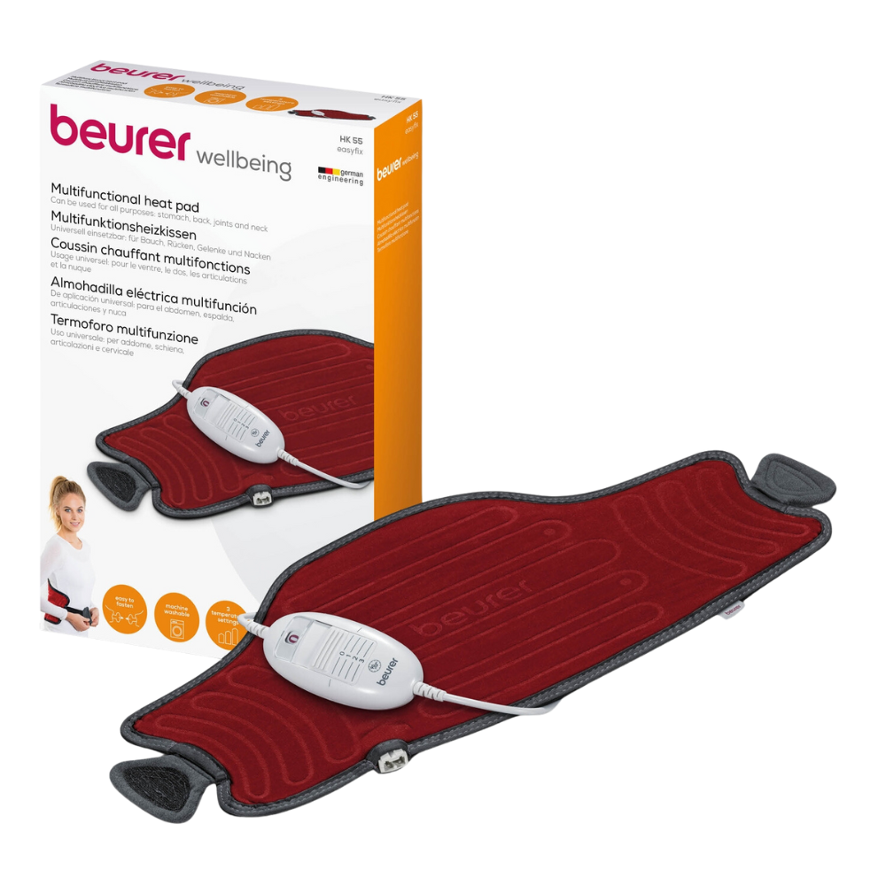 Kuva näyttää Beurer HK 55 Heizkissen Easyfixin, monikäyttöisen lämmitystyynyn Beurer GmbH:lta. Punainen tyyny harmaalla reunalla sisältää keskellä näkyvän liitetyn ohjaimen. Tuote näytetään sen pakkauksen edessä, joka korostaa sen nopean lämmityksen ominaisuutta ja soveltuvuutta vatsan, selän ja nivelten lievitykseen.