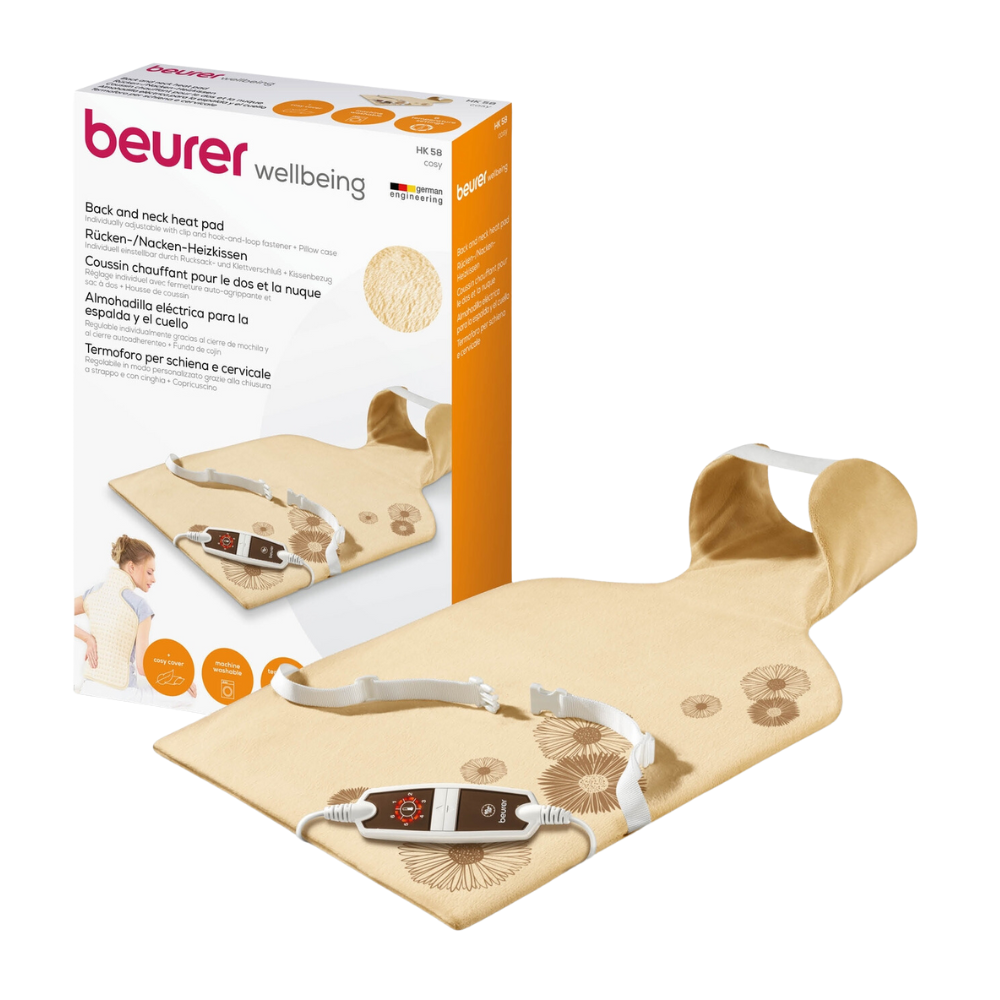 Kuva näyttää Beurer HK 58 selkä-/niskalämmitystyynyn pakkauksineen. Beige lämmitystyyny, jonka on suunnitellut Beurer GmbH, on ergonomisesti muotoiltu ja siinä on liitetty ohjain. Pakkaus tarjoaa monikielisiä kuvauksia ja näyttää henkilön, joka käyttää tuotetta. Tämä osoittaa monipuolisen muotoilun selän ja niskan mukavuuteen.