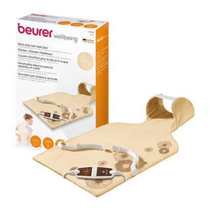 Kuva näyttää Beurer HK 58 selkä-/niskalämmitystyynyn pakkauksineen. Beige lämmitystyyny, jonka on suunnitellut Beurer GmbH, on ergonomisesti muotoiltu ja siinä on liitetty ohjain. Pakkaus tarjoaa monikielisiä kuvauksia ja näyttää henkilön, joka käyttää tuotetta. Tämä osoittaa monipuolisen muotoilun selän ja niskan mukavuuteen.