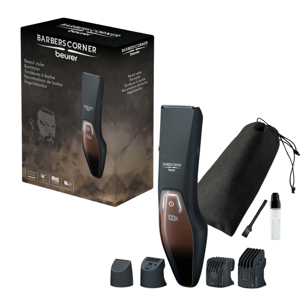 Kuva Beurer HR 4000 Bartstyler -setistä, joka on peräisin „Barber’s Corner“ Beurer GmbH:ltä. Sisältää partaleikkurin, neljä erilaista trimmerin päätä, puhdistusharjan, öljyn, säilytyspussin kiristysnauhalla ja pakkauksen, jossa on kuva ruostumattomasta teräksestä valmistetusta trimmeristä ja tavaramerkistä.