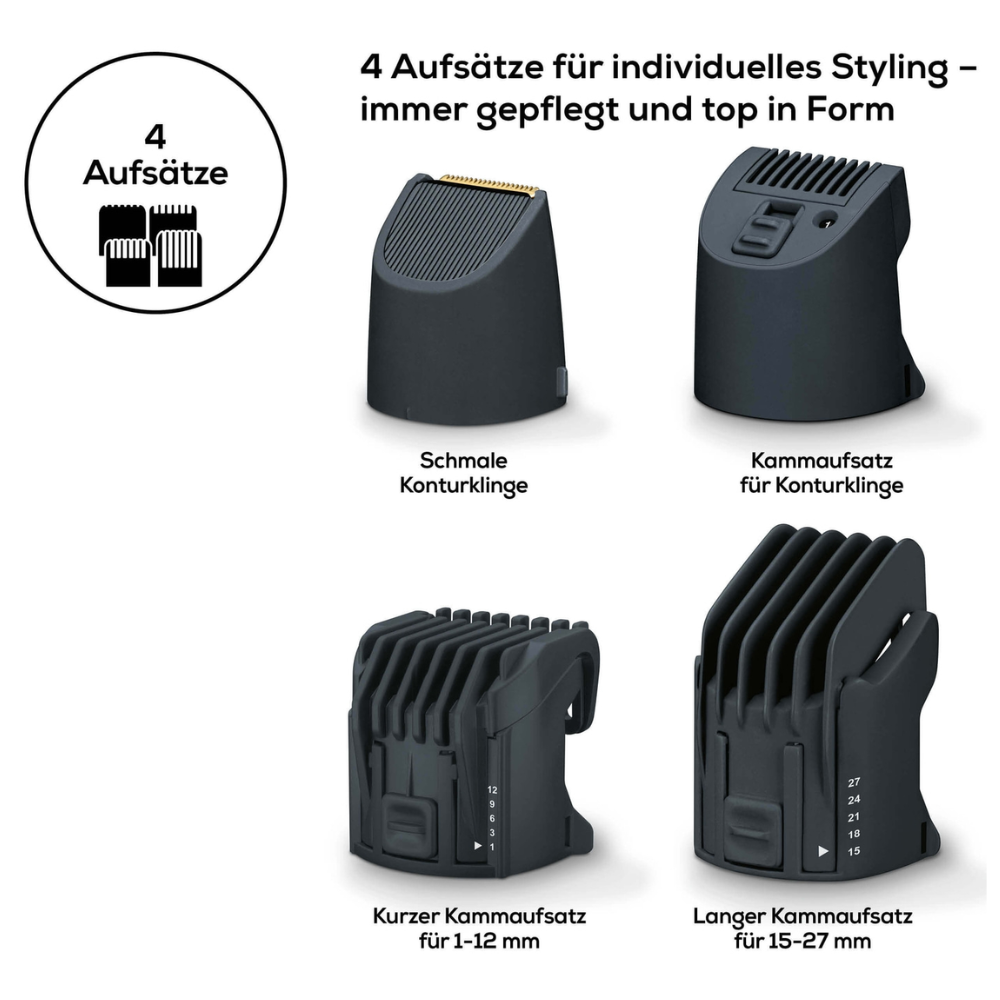 Beurer HR 4000 Bartstyler Beurer GmbH:ltä sisältää neljä vaihdettavaa hiustenleikkuupäätä, jotka ovat ihanteellisia jokaiselle partaleikkurille. Näihin kuuluu kapea muotokärki, lyhyt kampa 1-12 mm, pitkä kampa 15-27 mm ja muotoilukampa. Pakkauksessa (1 kappale) on myös saksankielinen teksti.