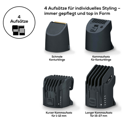 Beurer HR 4000 Bartstyler Beurer GmbH:ltä sisältää neljä vaihdettavaa hiustenleikkuupäätä, jotka ovat ihanteellisia jokaiselle partaleikkurille. Näihin kuuluu kapea muotokärki, lyhyt kampa 1-12 mm, pitkä kampa 15-27 mm ja muotoilukampa. Pakkauksessa (1 kappale) on myös saksankielinen teksti.