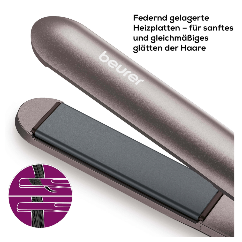 Lähikuva Beurer HS 15 hiusten suoristimesta. Kuvassa korostetaan jousitettuja keraamisia päällystyslevyjä, jotka on suunniteltu hellävaraiseen ja tasapuoliseen hiusten suoristukseen. Lisätty kaavio näyttää, kuinka levyt suoristavat hiuksia. Saksankielinen teksti Beurer GmbH:ltä kuvailee toimintoa.