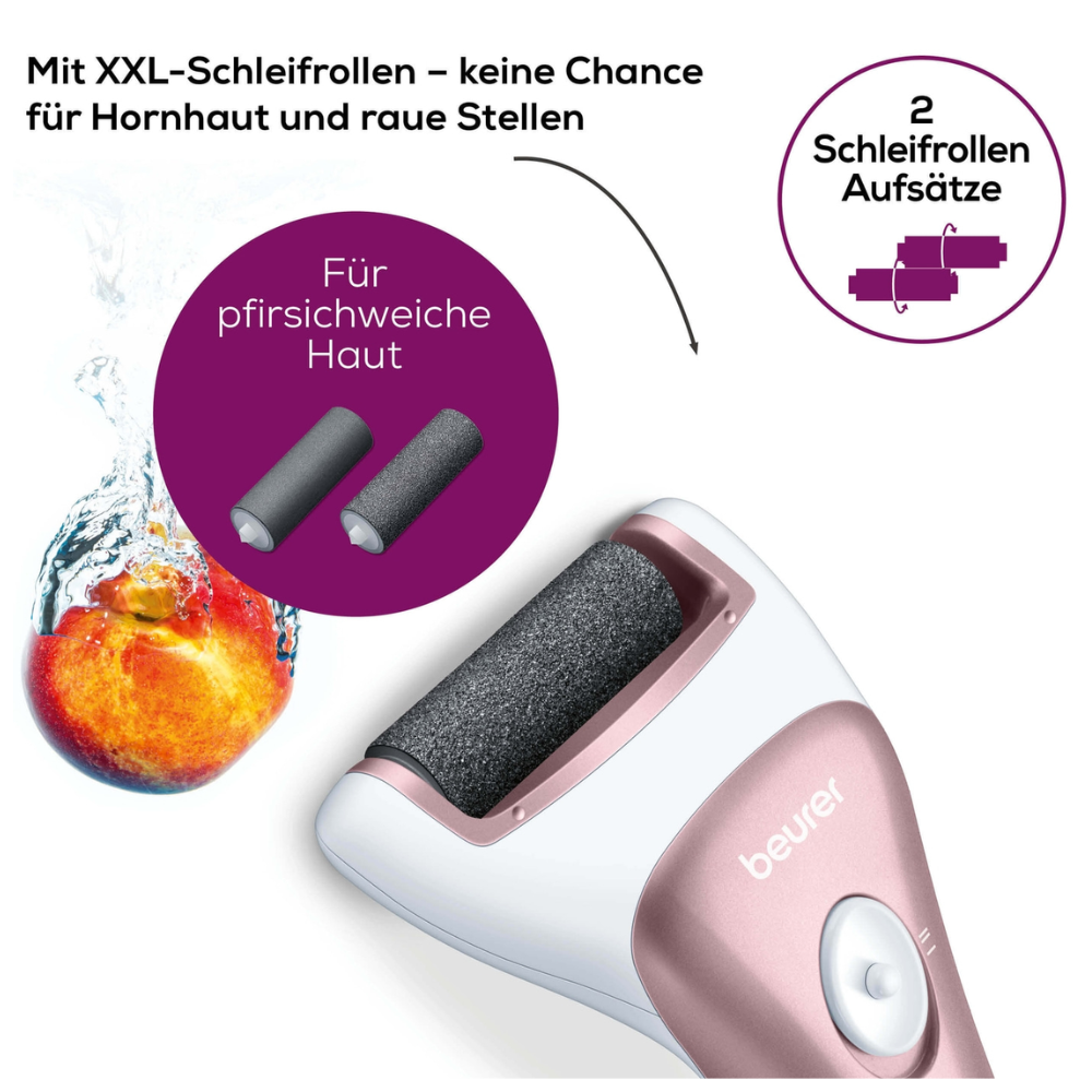 Kuva näyttää vaaleanpunavalkoisen Beurer kovettumienpoistajan MP 55 (1 kappale) Beurer GmbH:lta saksalaisella tekstillä. Tämä sähköinen kovettumienpoistaja toimitetaan kahden XXL-hiomarullan kanssa, jotka tunnetaan tehokkuudestaan kovettumien ja karheiden alueiden poistamisessa, ja ne tekevät ihosta sileän. Siinä on myös kätevä Micro-USB-liitäntä lataamista varten.