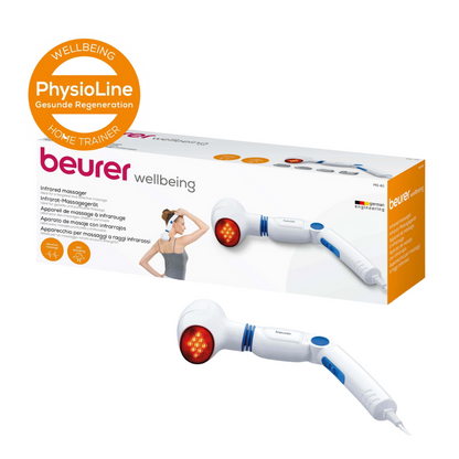 Kuva näyttää Beurer MG 40 infrapuna-hierontalaitteen Beurer GmbH:lta, jossa on ergonominen kahva ja punaisella valaistu hierontapää. Tämä laite sopii täydellisesti lihasjännitysten lievittämiseen ja on kuvattu sekä alkuperäisessä kunnossa että pakkauksessa. Pakkauksessa näkyy selvästi oranssilla tekstillä „PhysioLine“ ja valkoisella tekstillä „Wellbeing“.