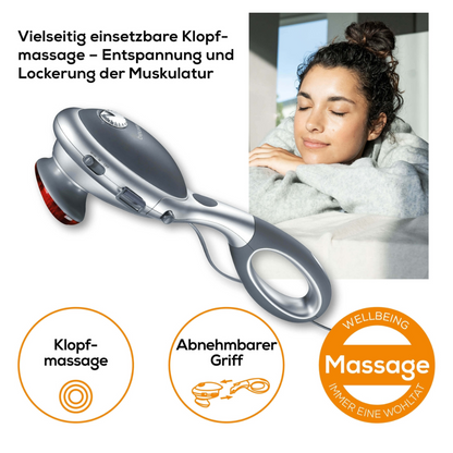 Vasemmalla on kuva Beurer MG 70 infrapunahierontalaitteesta, jossa on irrotettava kahva. Oikealla nainen lepää suljetuin silmin ja hymyilevin kasvoin ristissä olevien käsien päällä. Teksti on saksaksi ja korostaa etuja, kuten lihasten rentoutumista ja monipuolisuutta.