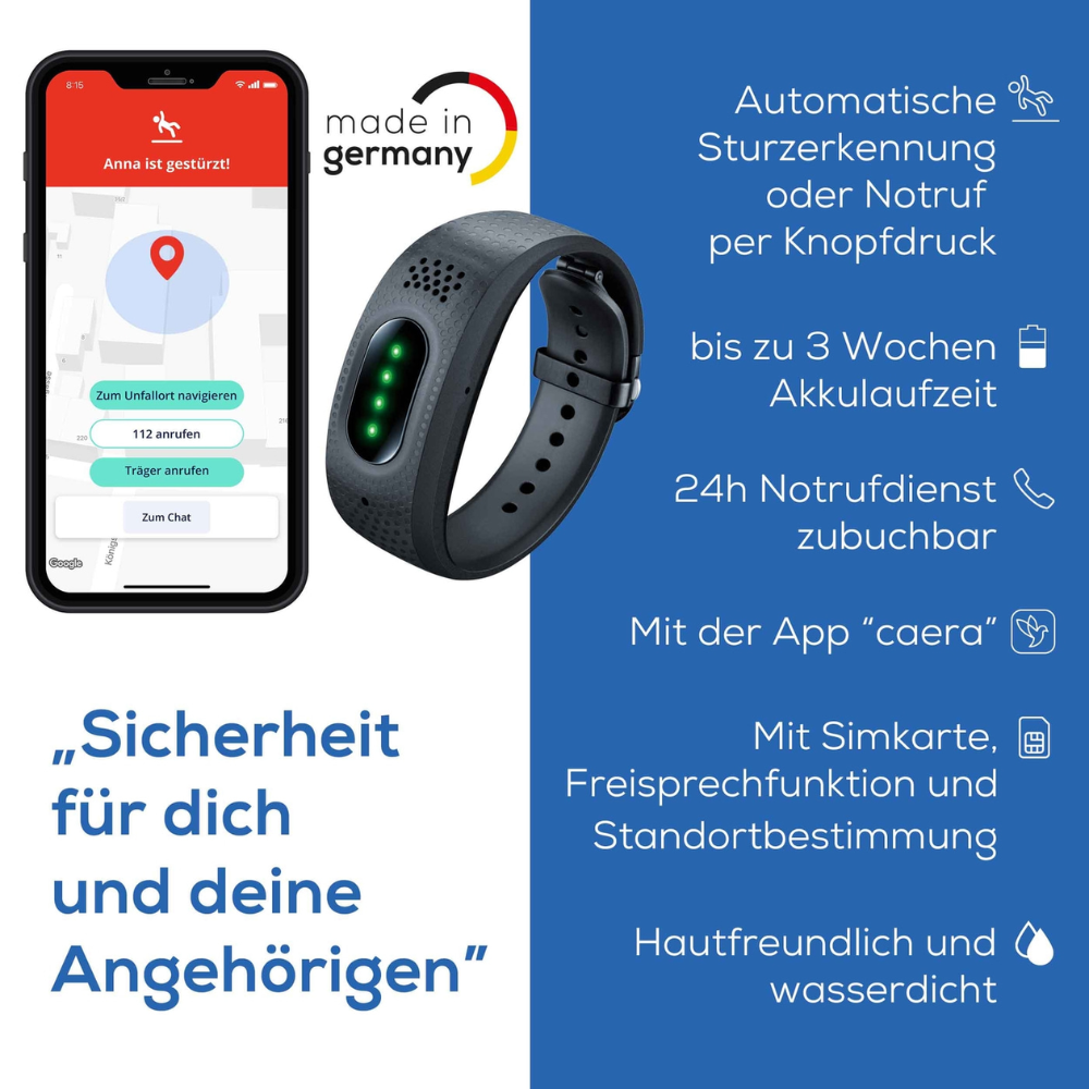 Ein Smartphone zeigt eine Notruf-App und ein schwarzes Beurer Notfallarmband EC 70 SafePlus. Deutscher Text hebt automatische Sturzerkennung, lange Akkulaufzeit, Notruffunktion, wasserdichtes Design und Hautverträglichkeit hervor.