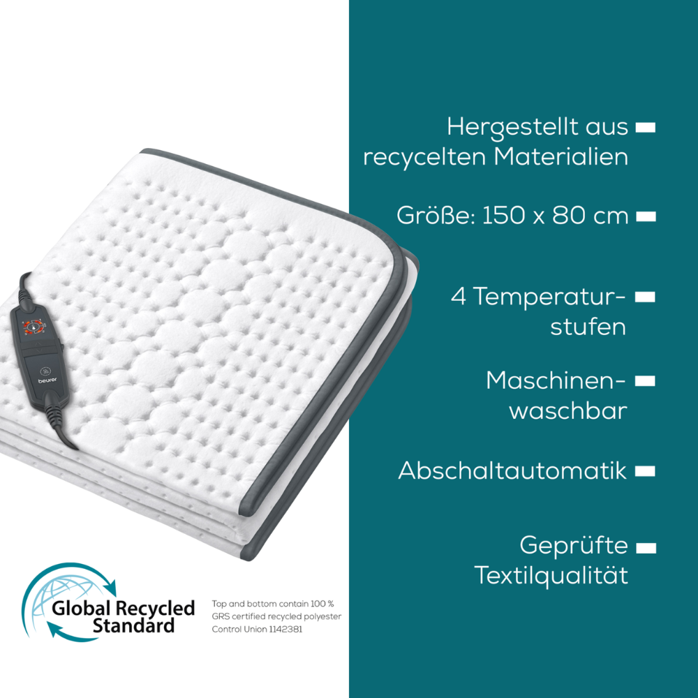 Kuva näyttää Beurer lämpöalustan UB 60 Green Planet {{8dac1d4ea8cf89b4fe106568179ce}} GmbH:ltä, suorakulmaisen lämpötyynyn, jossa on kaukosäädin. Oikealla on lueteltu ominaisuudet: „Kierrätetyistä materiaaleista, Koko: 150 x 80 cm, 4 lämpötilatasoa, Konepestävä, Automaattinen sammutus, Sertifioitu tekstiililaatu. Nauti kestävästä mukavuudesta {{8dac1d4ea8cf89b4fe106568179ce}} lämpöalustan kanssa.