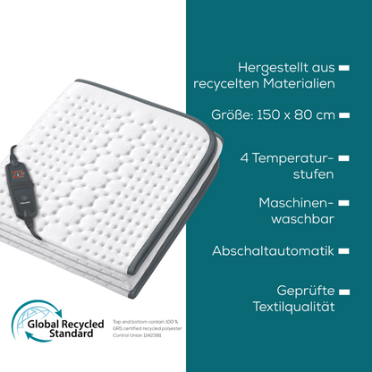 Kuva näyttää Beurer lämpöalustan UB 60 Green Planet {{8dac1d4ea8cf89b4fe106568179ce}} GmbH:ltä, suorakulmaisen lämpötyynyn, jossa on kaukosäädin. Oikealla on lueteltu ominaisuudet: „Kierrätetyistä materiaaleista, Koko: 150 x 80 cm, 4 lämpötilatasoa, Konepestävä, Automaattinen sammutus, Sertifioitu tekstiililaatu. Nauti kestävästä mukavuudesta {{8dac1d4ea8cf89b4fe106568179ce}} lämpöalustan kanssa.