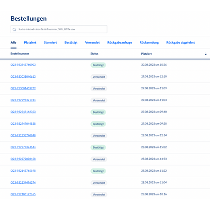 Ein Screenshot des Backend-Bestellmanagementsystems Altruan MetroSync: Metro Market to Weclapp Bestellverarbeitung, das eine Tabelle mit Bestellnummern und Statusaktualisierungen anzeigt. Jede Zeile enthält Bestellnummer, Status, SKU, Erstellungsdatum und -zeit. Die meisten Status zeigen