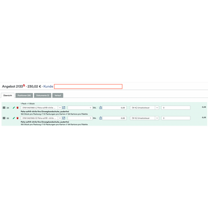 Eine deutsche WooCommerce B2B-Schnittstelle von Altruan zeigt "Shopify B2B Order Tool: Bestelltool mit Bestellwecker und kundenindividuellen Preisen" mit den Optionen Menge, Verpackung, Steuersatz, individuelle Preise; Gesamtangebot: 230,02 € für zwei Artikel.
