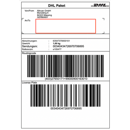 Ein DHL-Label der Altruan GmbH (Morolding 6, 84323 Massing, Deutschland) enthält Barcodes und ein Gewicht von 1,00 kg mit der Trackingnummer 00340434276970706895. Die Empfängeradresse ist für Aktualisierungen über die PackMaster-App leer: Weclapp Logistik Packing App zur Verbesserung der Effizienz von Versandetiketten.
