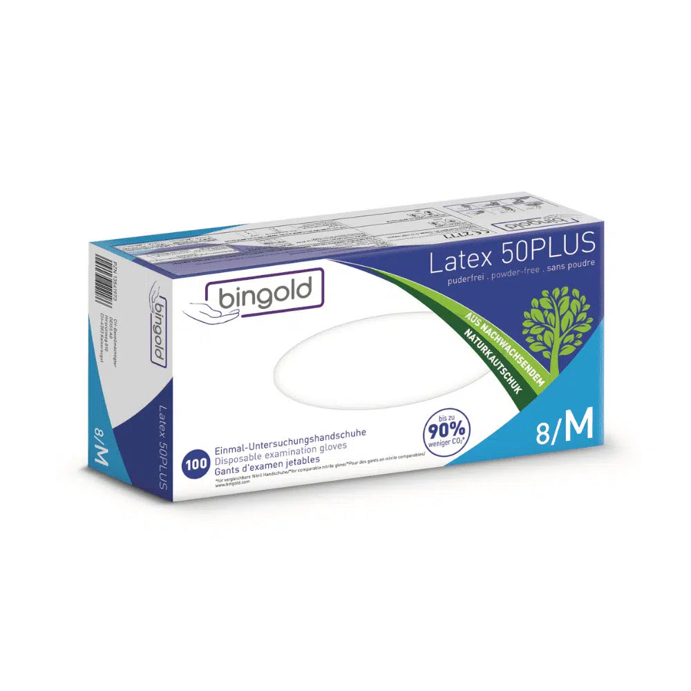 Bingold Latex 50PLUS -lateksikäsineiden pakkaus, koko 8/M BINGOLD GmbH + Co. KG:ltä. Pakkaus korostaa puuteritonta muotoilua ja siinä on 90 % muoviton koostumus, joka on vegaaniystävällinen ja siksi täydellinen laboratoriokäyttöön ja suojaksi kemiallisilta vaaroilta. Sisältää 100 käsinettä.