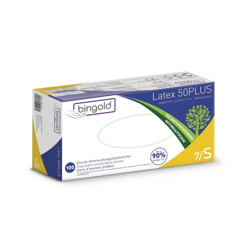 Bingold Latex 50PLUS -lateksikäsineiden pakkaus, valkoinen, koko 7/S. Pakkaus on suunniteltu valko-keltaiseksi vihreillä korostuksilla ja sisältää 100 lateksikäsinettä. Nämä puuterittomat käsineet koostuvat pääasiassa luonnonlateksista (90 % luonnollista alkuperää) ja ovat ihanteellisia laboratoriokäyttöön tarjoten suojan kemiallisilta vaaroilta.