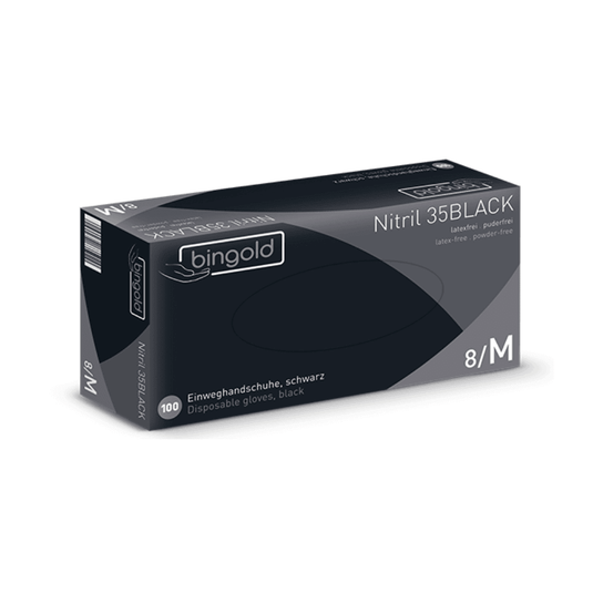 Esittelyssä on laatikko Bingold Nitril 35BLACK -mustia nitriilikäsineitä, jotka ovat BINGOLD GmbH + Co. KG:n tuotetta. Nämä keskikokoiset käsineet sopivat erinomaisesti hygienia-alueille; ne ovat lateksittomia ja puuterittomia, ja pakkauksessa on monikielinen teksti.