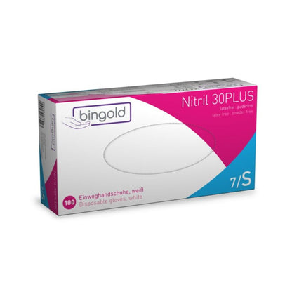 Bingold Nitril 30PLUS -kertakäyttökäsineitä BINGOLD GmbH + Co. KG:ltä sisältävässä valkoisessa laatikossa, jossa on teksti 'Bingold Nitril 30PLUS Einmalhandschuhe', on 100 valkoista nitriilikertakäyttökäsinettä. Niissä on teksti 'lateksiton, puuteriton', koko '7/S', ihanteellinen elintarvikkeiden käsittelyyn, sinivihreillä ja vaaleanpunaisilla aksenteilla.