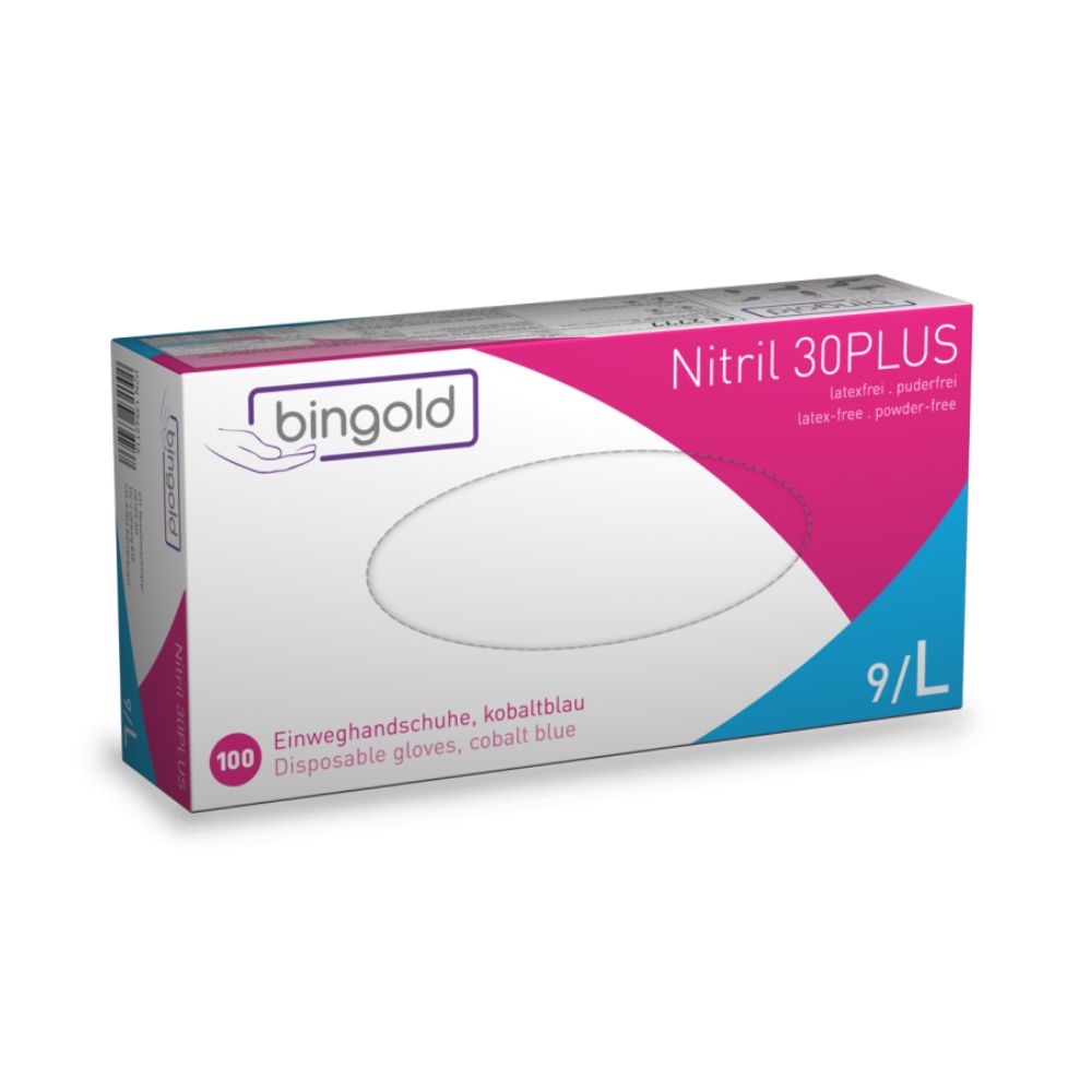 Bingold Nitril 30PLUS -kertakäyttökäsineet, koko 9/L, BINGOLD GmbH + Co. KG:ltä, ovat ihanteellisia elintarviketeollisuudelle. Valkoisessa pakkauksessa, jossa on violetteja ja sinisiä aksentteja, on teksti saksaksi ja englanniksi. Nämä koboltinsiniset käsineet ovat lateksittomia ja puuterittomia.