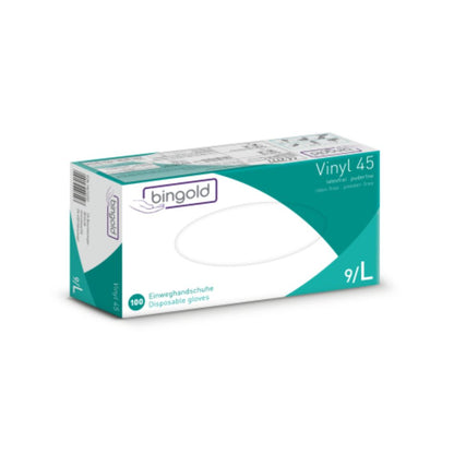 Bingold Vinyl 45 -käsineiden laatikko BINGOLD GmbH + Co. KG:lta, merkitty koossa 9/L, sisältää 100 lateksitonta, puuteritonta käsinettä vihreä-valkoisessa pakkauksessa, joka vastaa suojaluokan CAT III standardeja.