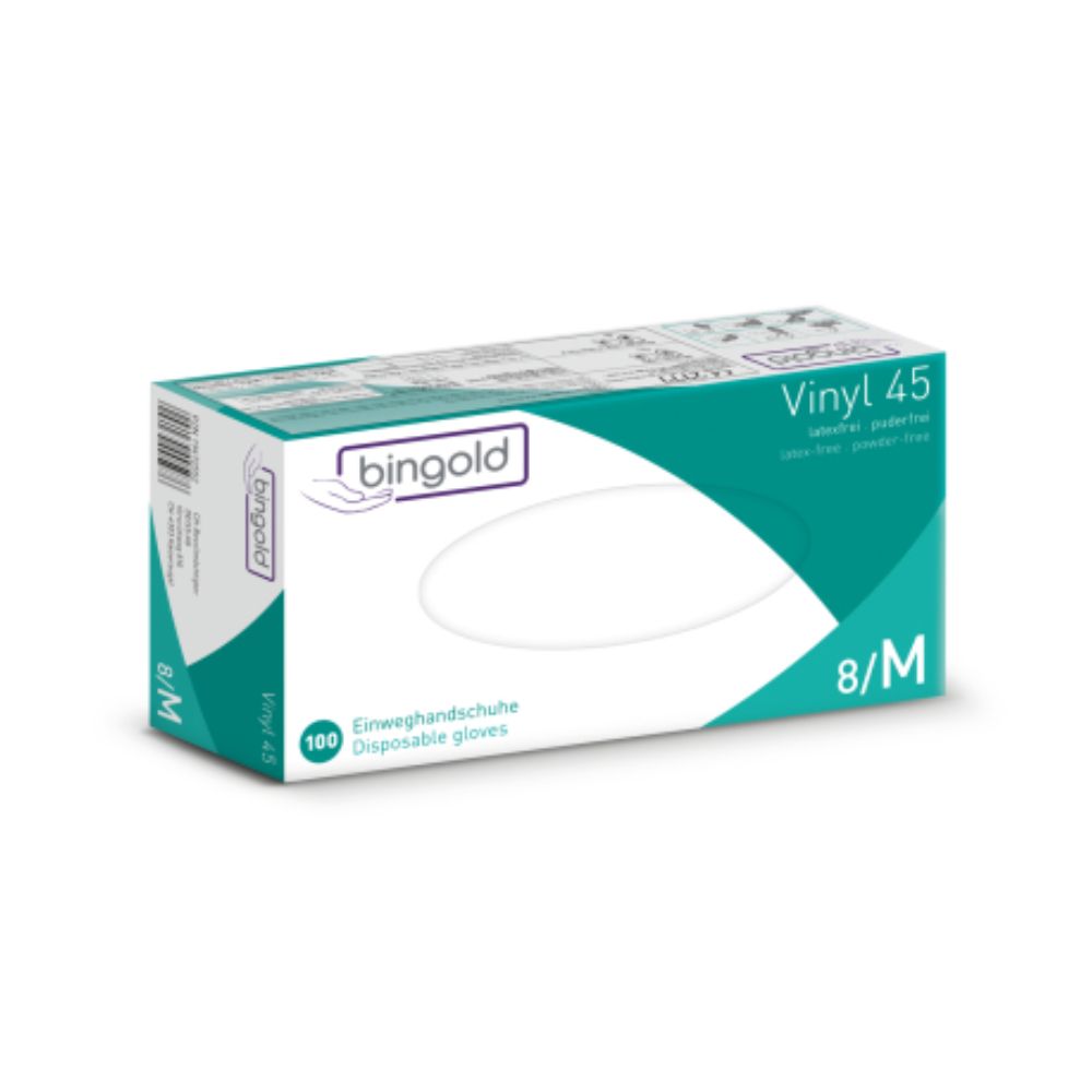 Bingold Vinyl 45 kertakäyttökäsineiden pakkaus vihreänä ja valkoisena sisältää tekstit 'puuteriton', 'lateksiton' ja '8/M'. Se sisältää 100 käsinettä ja on varustettu BINGOLD GmbH + Co. KG:n brändillä ja suojaluokalla CAT III turvallisuuden takaamiseksi.