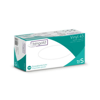 Kuva pääasiassa valkoisesta laatikosta, jossa on vihreitä korostuksia ja teksti 'Bingold Vinyl 45 kertakäyttökäsineet'. BINGOLD GmbH + Co. KG:n laatikossa on 100 puuteritonta kertakäyttökäsinettä koossa 7/S ja se on merkitty SUOJALUOKKA CAT III.
