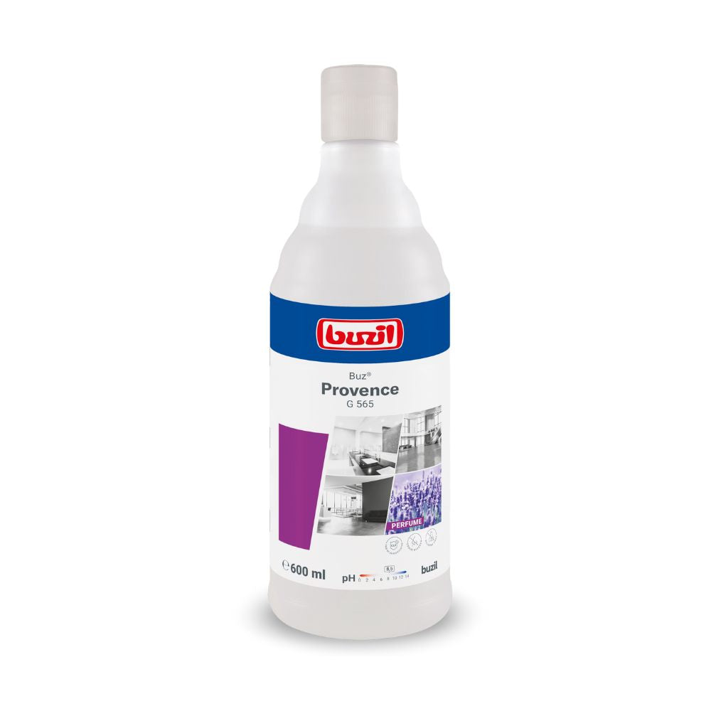 600 ml:n pullo Buzil Air Provence G 565 käyttövalmista huonesuihketta BUZIL-WERK Wagner GmbH & Co. KG:lta, varustettuna valko-sinisellä etiketillä, jossa on tuotemerkki, tuotteen nimi ja kuvia puhtaista sisätiloista.